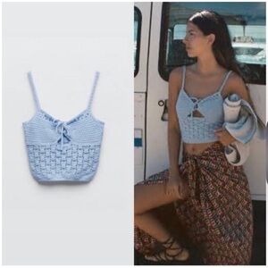 Zara Blue Crochet Tie Front Top - Size S
